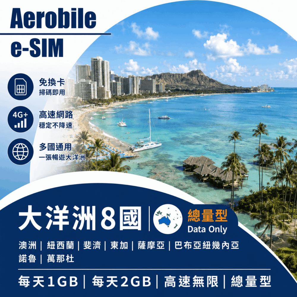 eSIM【太平洋島嶼卡】總量型(斐濟、東加、萬那杜、薩摩亞、諾魯)，上網卡無通話【TO】